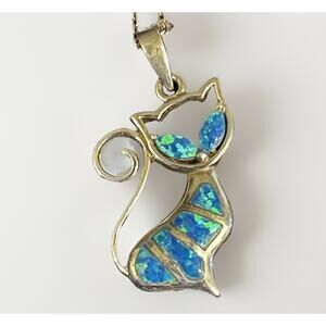 925 Sterling Silver Rhodium Plated Created Blue Fire Opal Cat Pendant Necklace